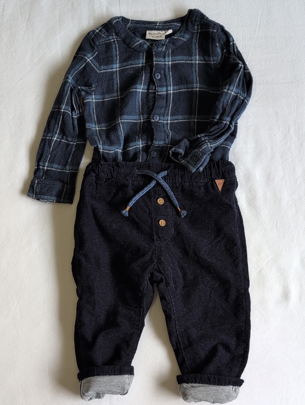 MINYMO & H&M | 2pc Cabincore Plaid Flannel Bodysuit & Lined Corduroy Set | 12M